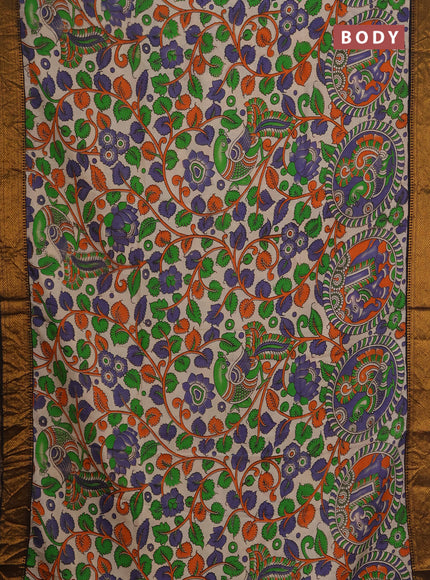 Kalamkari semi silk saree beige and black with allover prints and mangalgiri border