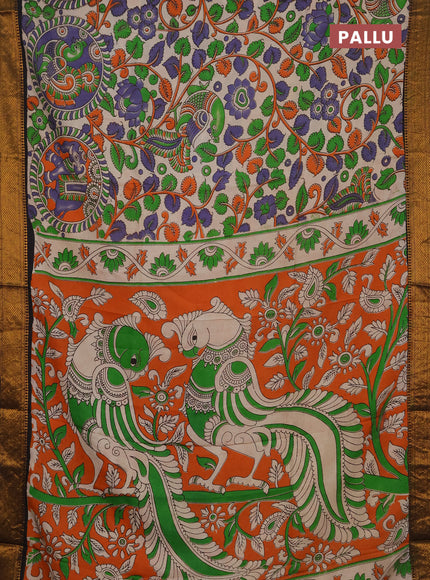 Kalamkari semi silk saree beige and black with allover prints and mangalgiri border
