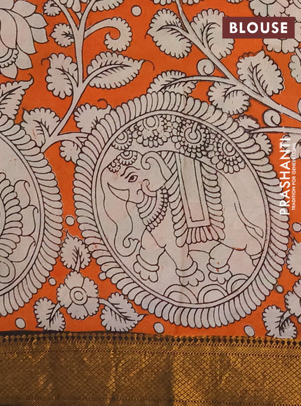 Kalamkari semi silk saree beige and black with allover prints and mangalgiri border