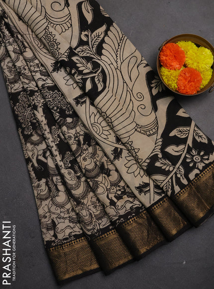 Kalamkari semi silk saree black with allover prints and mangalgiri border