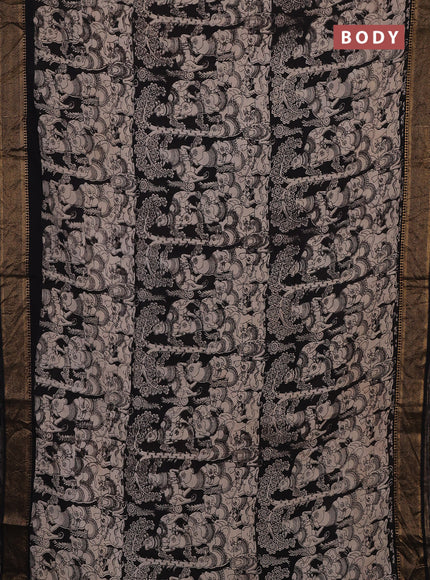 Kalamkari semi silk saree black with allover prints and mangalgiri border