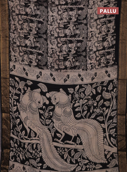 Kalamkari semi silk saree black with allover prints and mangalgiri border