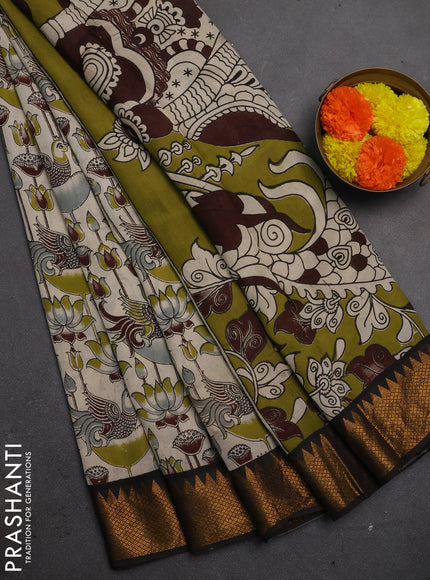 Kalamkari semi silk saree beige and black with allover prints and mangalgiri border