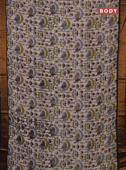 Kalamkari semi silk saree beige and black with allover prints and mangalgiri border