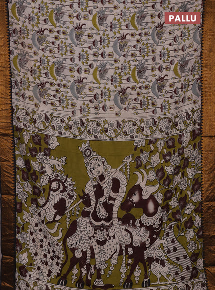 Kalamkari semi silk saree beige and black with allover prints and mangalgiri border