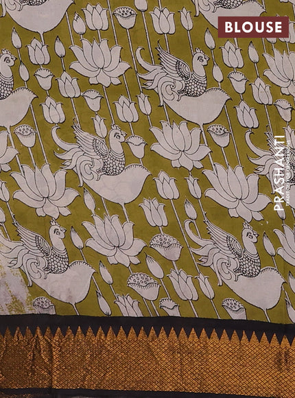 Kalamkari semi silk saree beige and black with allover prints and mangalgiri border