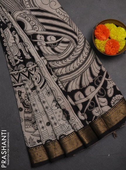 Kalamkari semi silk saree black and beige with allover prints and mangalgiri border