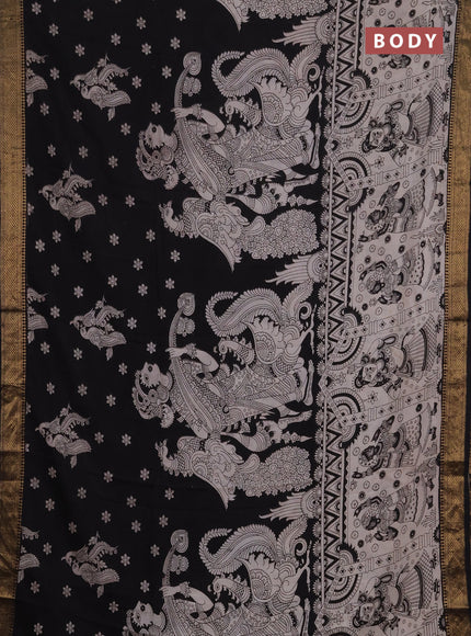 Kalamkari semi silk saree black and beige with allover prints and mangalgiri border
