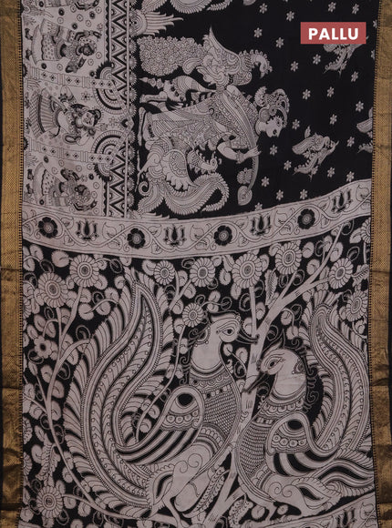 Kalamkari semi silk saree black and beige with allover prints and mangalgiri border