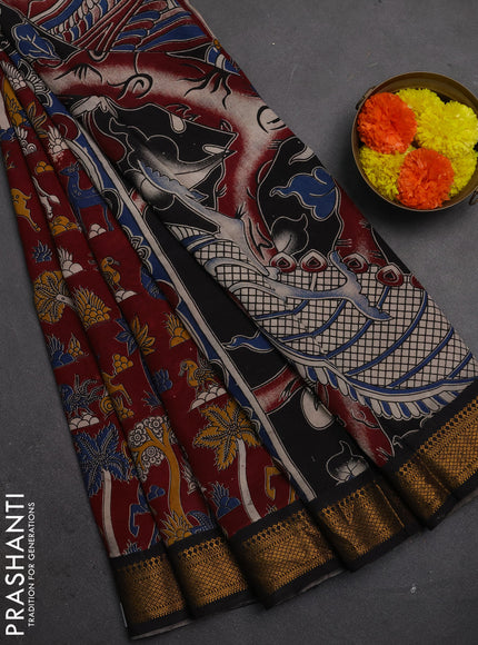 Kalamkari semi silk saree maroon and black with allover prints and mangalgiri border