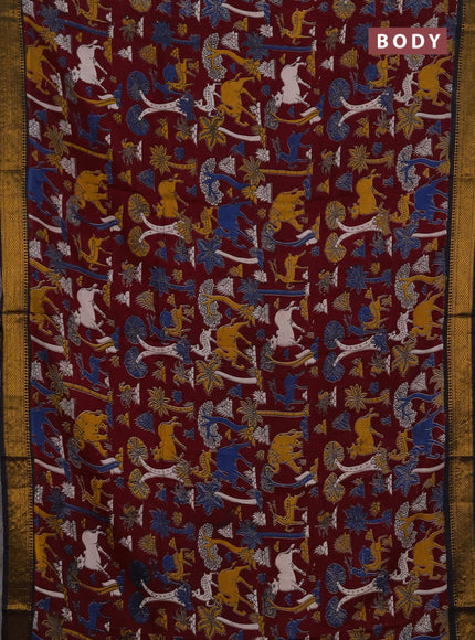 Kalamkari semi silk saree maroon and black with allover prints and mangalgiri border