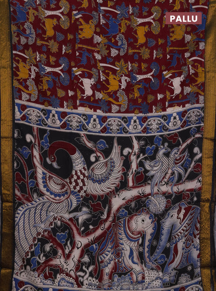 Kalamkari semi silk saree maroon and black with allover prints and mangalgiri border