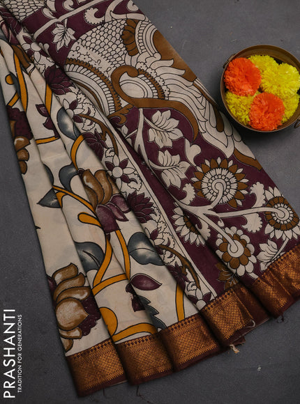 Kalamkari semi silk saree beige and coffee brown with allover prints and mangalgiri border