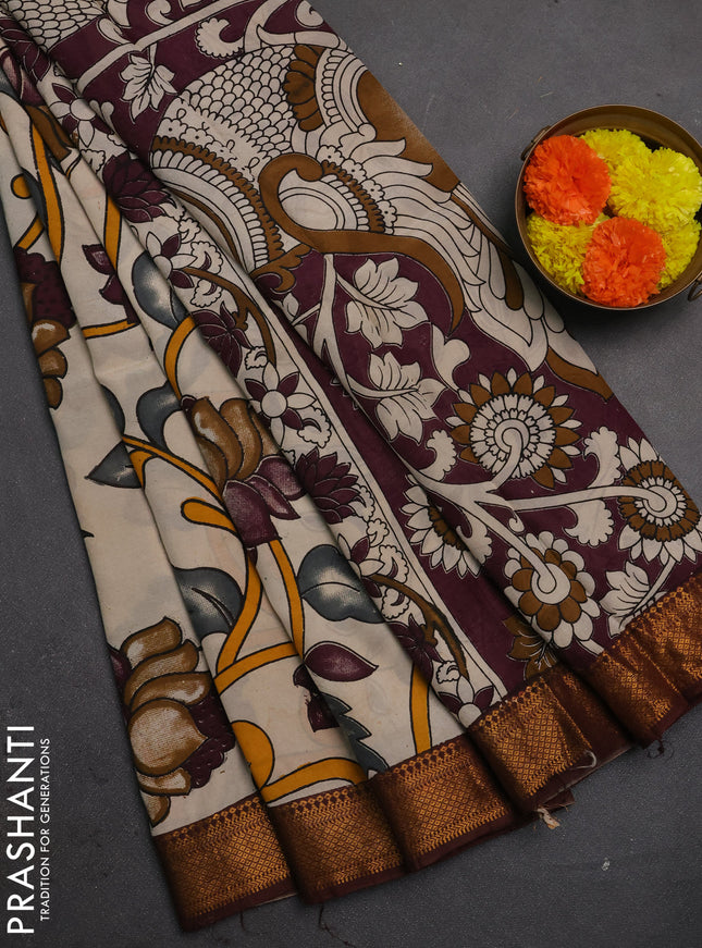 Kalamkari semi silk saree beige and coffee brown with allover prints and mangalgiri border