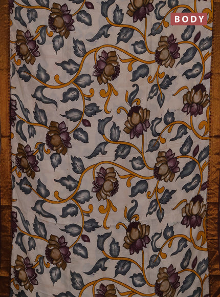 Kalamkari semi silk saree beige and coffee brown with allover prints and mangalgiri border