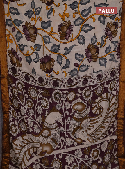 Kalamkari semi silk saree beige and coffee brown with allover prints and mangalgiri border