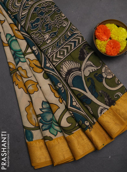 Kalamkari semi silk saree beige and mustard yellow with allover prints and mangalgiri border