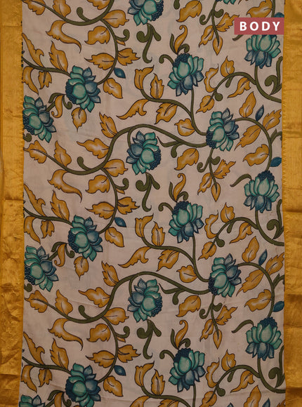 Kalamkari semi silk saree beige and mustard yellow with allover prints and mangalgiri border
