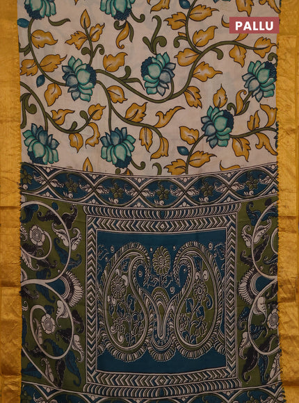 Kalamkari semi silk saree beige and mustard yellow with allover prints and mangalgiri border