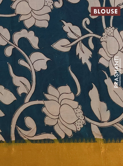 Kalamkari semi silk saree beige and mustard yellow with allover prints and mangalgiri border