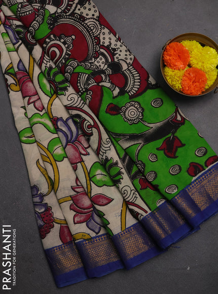 Kalamkari semi silk saree beige and blue with allover prints and mangalgiri border
