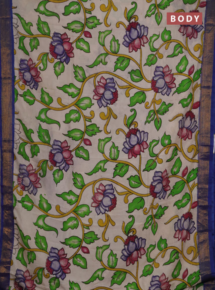 Kalamkari semi silk saree beige and blue with allover prints and mangalgiri border