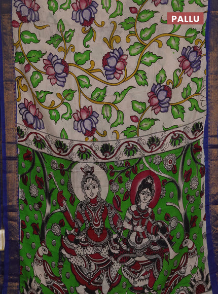 Kalamkari semi silk saree beige and blue with allover prints and mangalgiri border