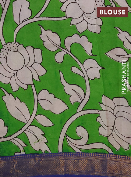 Kalamkari semi silk saree beige and blue with allover prints and mangalgiri border