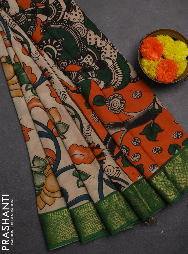 Kalamkari semi silk saree beige and green with allover prints and mangalgiri border