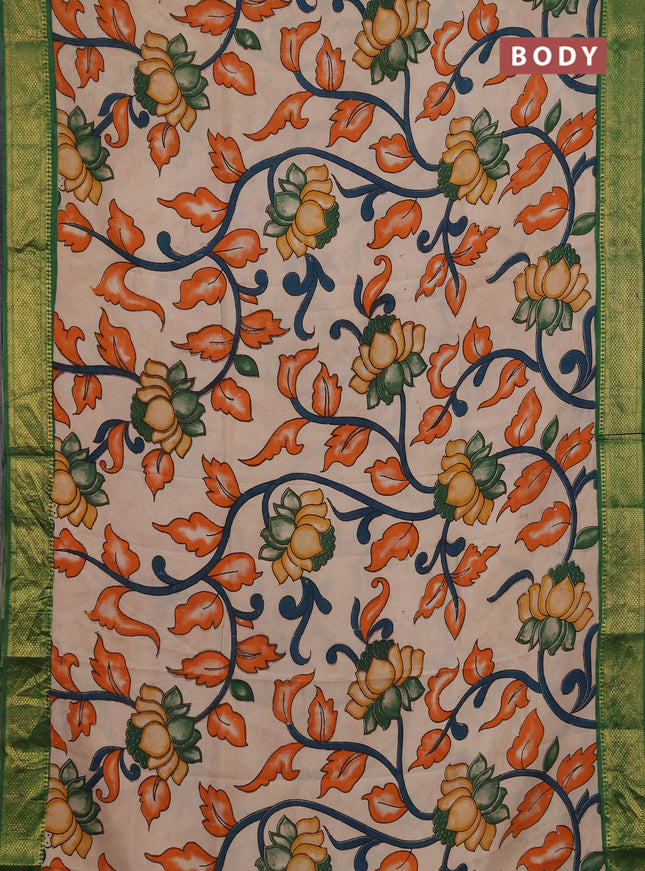 Kalamkari semi silk saree beige and green with allover prints and mangalgiri border