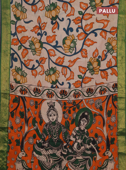 Kalamkari semi silk saree beige and green with allover prints and mangalgiri border