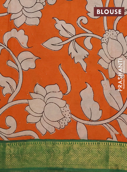 Kalamkari semi silk saree beige and green with allover prints and mangalgiri border