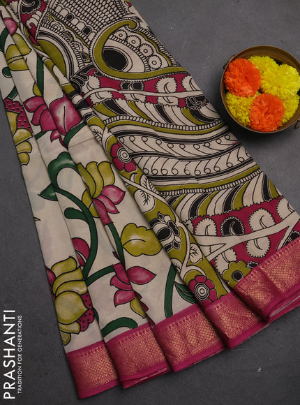 Kalamkari semi silk saree beige and magenta pink with allover prints and mangalgiri border