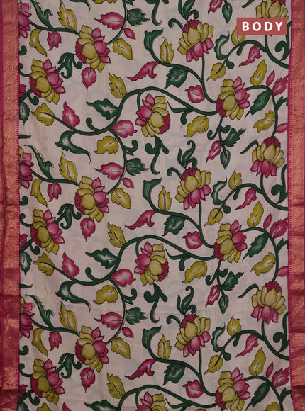 Kalamkari semi silk saree beige and magenta pink with allover prints and mangalgiri border