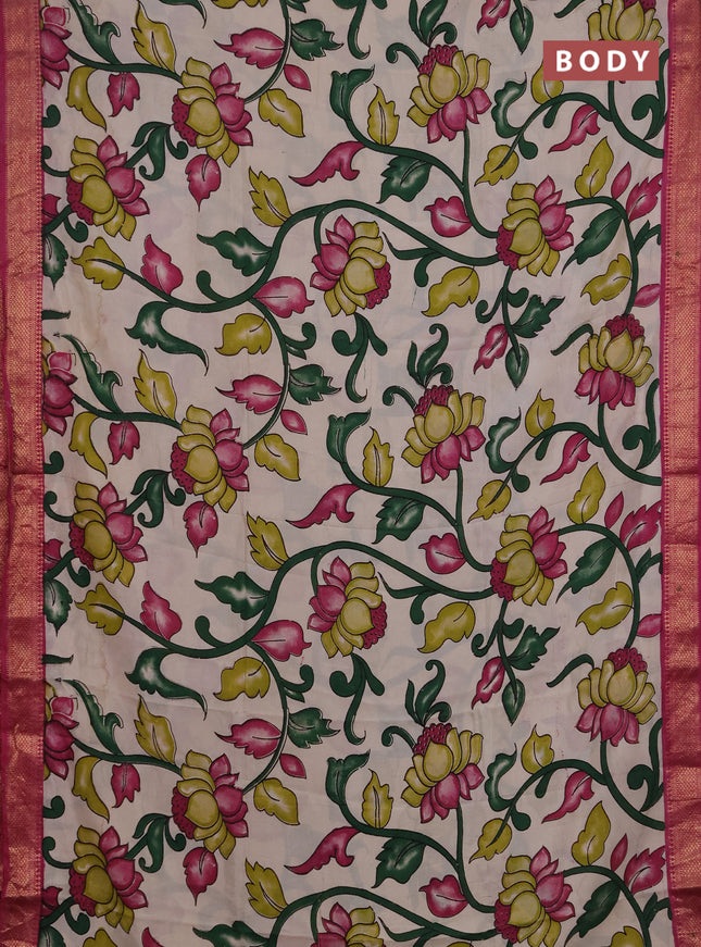Kalamkari semi silk saree beige and magenta pink with allover prints and mangalgiri border