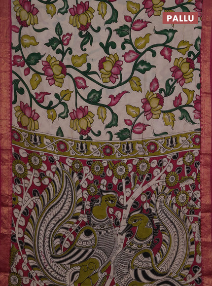 Kalamkari semi silk saree beige and magenta pink with allover prints and mangalgiri border