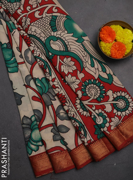 Kalamkari semi silk saree beige and rust shade with allover prints and mangalgiri border