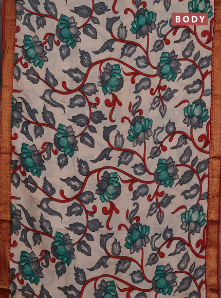Kalamkari semi silk saree beige and rust shade with allover prints and mangalgiri border