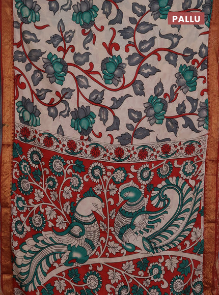 Kalamkari semi silk saree beige and rust shade with allover prints and mangalgiri border