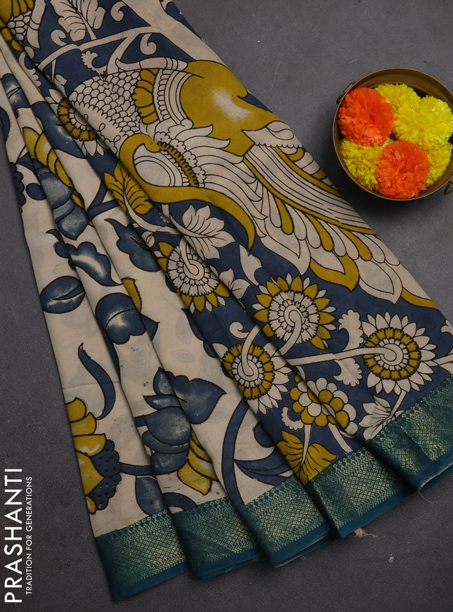 Kalamkari semi silk saree beige and peacock green with allover prints and mangalgiri border