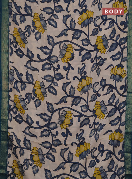 Kalamkari semi silk saree beige and peacock green with allover prints and mangalgiri border