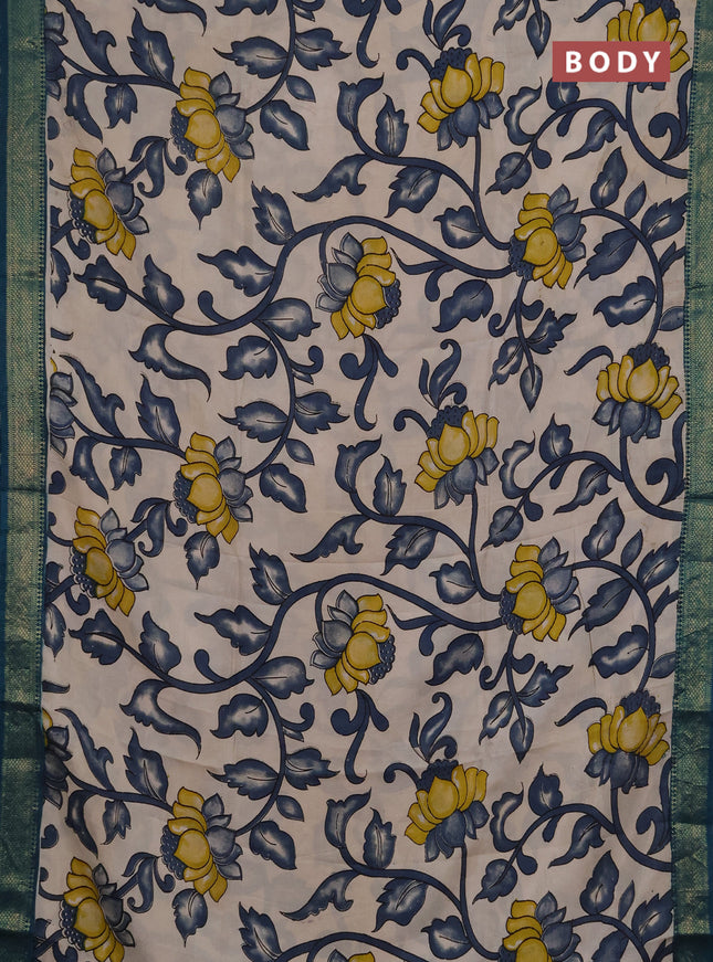 Kalamkari semi silk saree beige and peacock green with allover prints and mangalgiri border