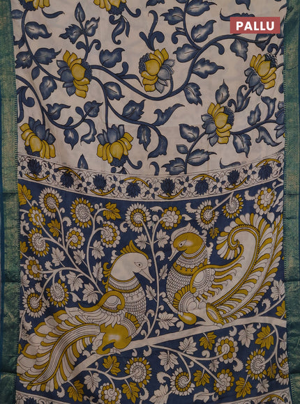 Kalamkari semi silk saree beige and peacock green with allover prints and mangalgiri border