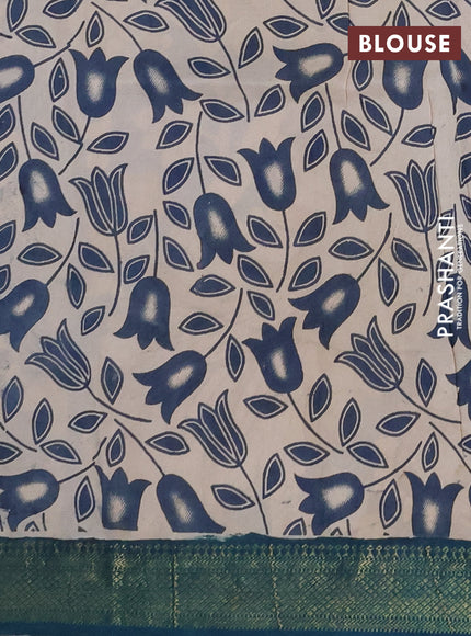 Kalamkari semi silk saree beige and peacock green with allover prints and mangalgiri border