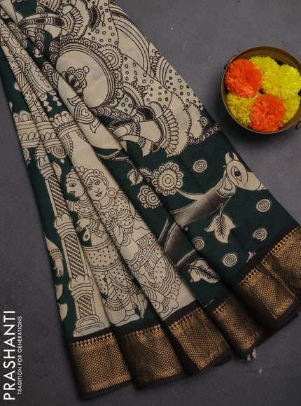Kalamkari semi silk saree bottle green and black with allover prints and mangalgiri border