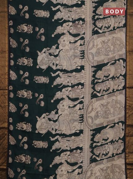 Kalamkari semi silk saree bottle green and black with allover prints and mangalgiri border