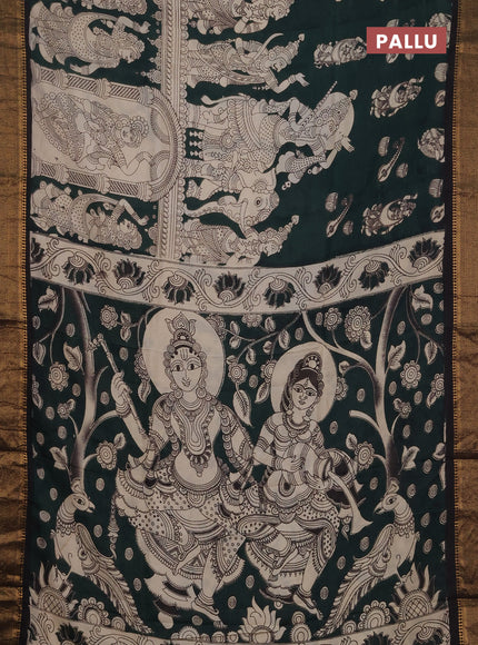 Kalamkari semi silk saree bottle green and black with allover prints and mangalgiri border
