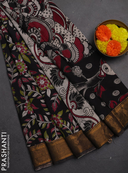 Kalamkari semi silk saree black with allover prints and mangalgiri border