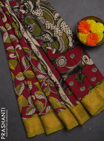 Kalamkari semi silk saree magenta pink and lime green with allover prints and mangalgiri border