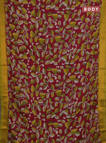Kalamkari semi silk saree magenta pink and lime green with allover prints and mangalgiri border